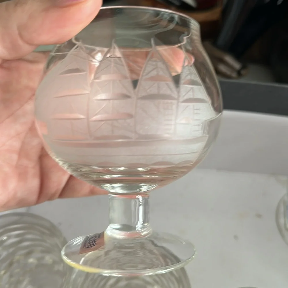 Vintage 4 Brandy Cognac Snifters Etched Cut Clipper Ship Toscany hand blown